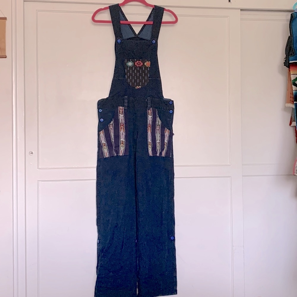 Vintage Guatemalan overalls with huipil embroidery details in pockets